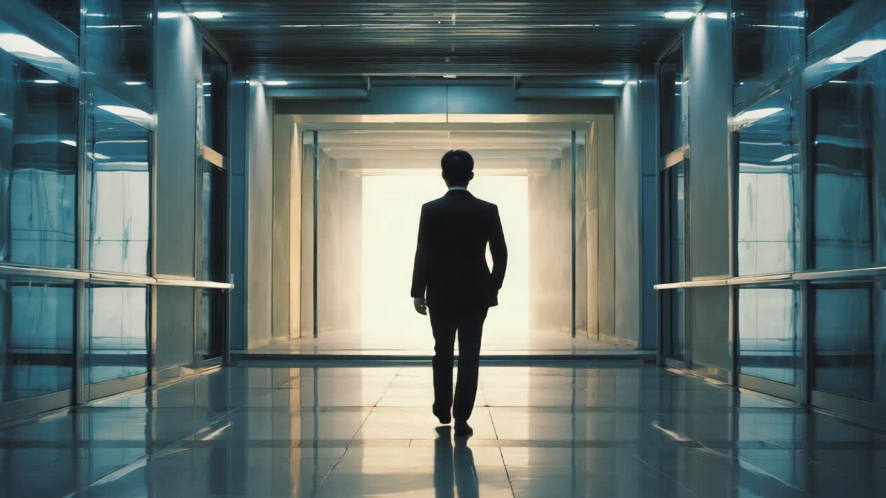 A businessman walking down a modern hallway