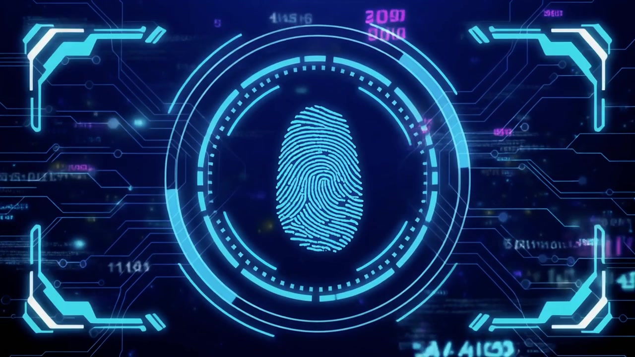 Digital Fingerprint Scanning Interface with Futuristic Circuitry Background