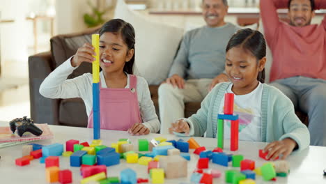 girl kids, table and building blocks with high