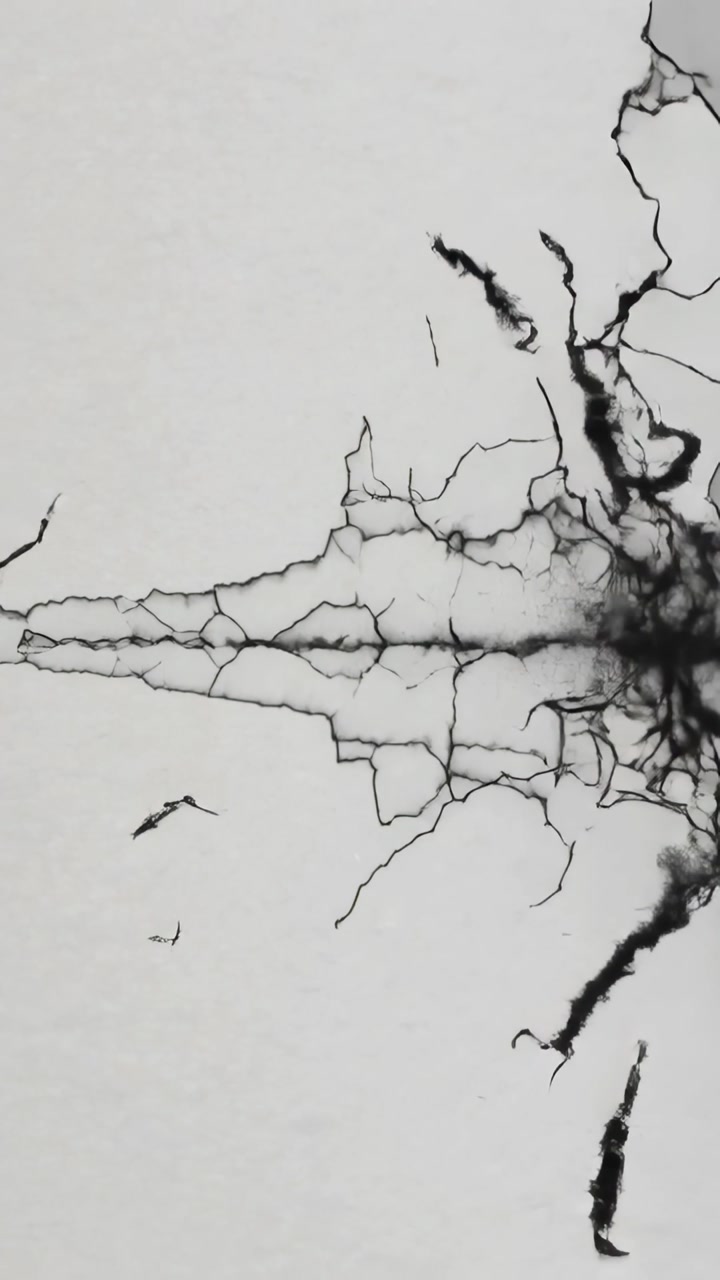 Vertical video: Spreading black ink triggered by center mark, wicking across sheet in studio