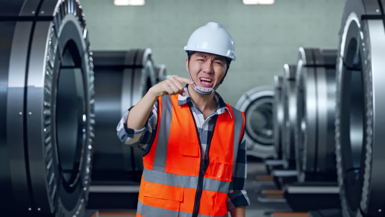 안전 헬을 입은 분노한 아시아 남성 엔지니어가 금속 공장에서 서서 누군가에게 소리치고 있습니다.