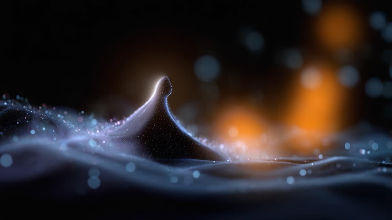 Un’affascinante composizione visiva con una figura eterea illuminata da una luce soffusa tra vortici di particelle e un paesaggio onirico di luce fluente