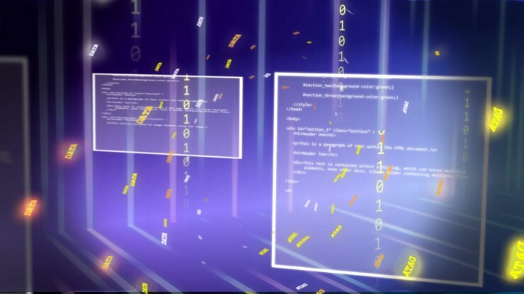 Camera panning driving windows sliding while binary digits and DATA tokens rising showing tech data