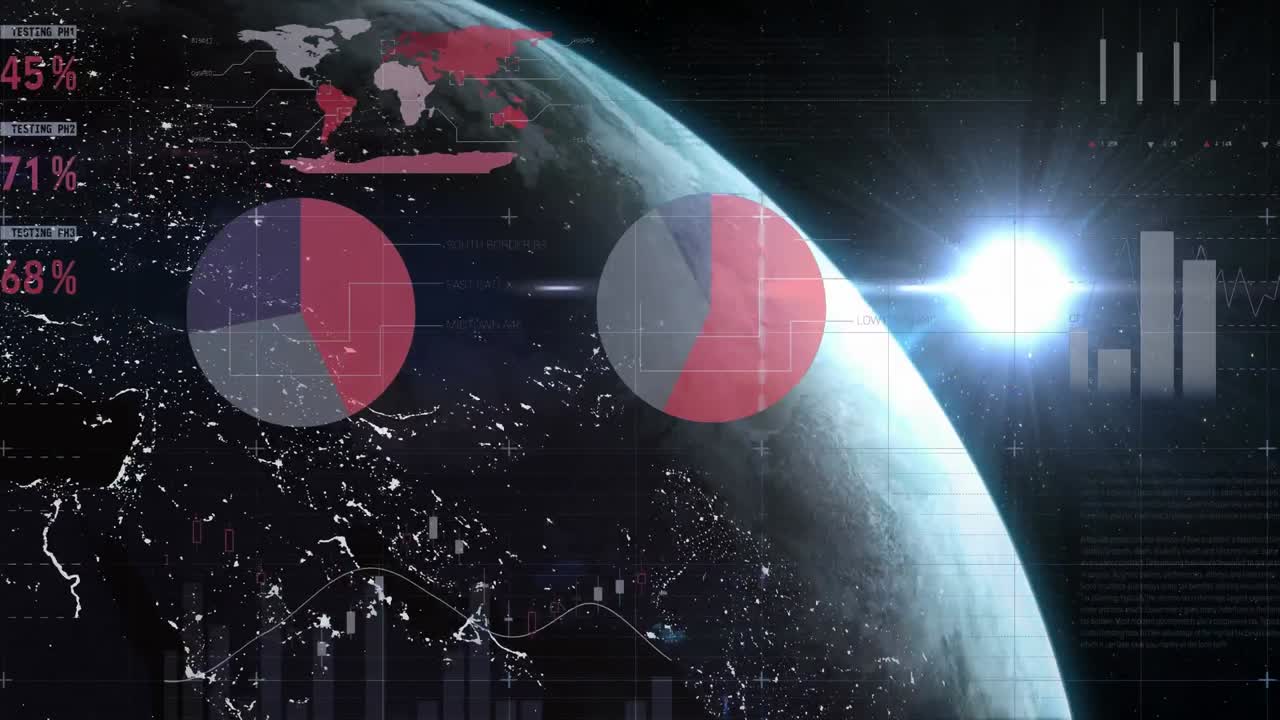 animación digital del procesamiento de datos estadísticos frente a un punto de luz y un globo que gira en el espacio