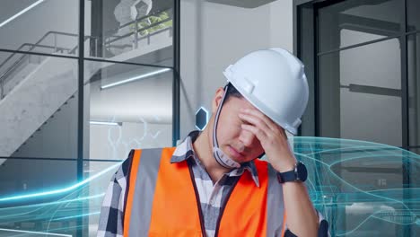 primer plano de un ingeniero asiático con casco de seguridad que tiene dolor de cabeza mientras trabaja con el concepto de vehículo eléctrico, una instalación industrial de alta tecnología