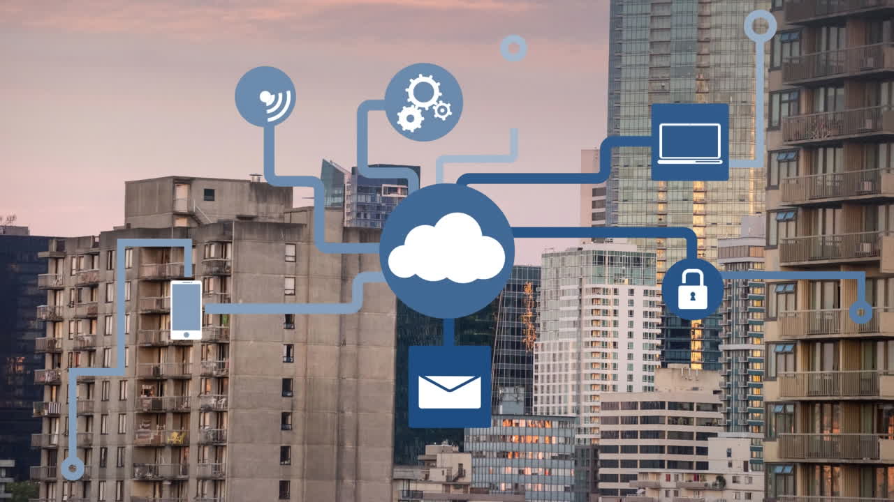 Animation connected icons forming flow chart over modern buildings against cloudy sky
