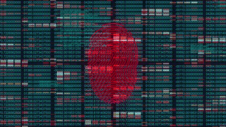 Animation of biometric fingerprint over digital data processing on dark background