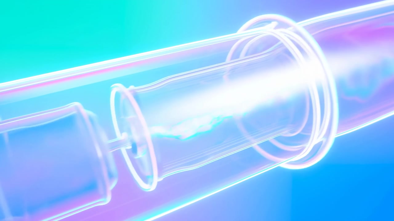 Diagonal view shows translucent cylindrical glass tube with repeating ring collars and shifting iridescent highlights, glowing reflections and soft neon tones creating modern abstract visual motion
