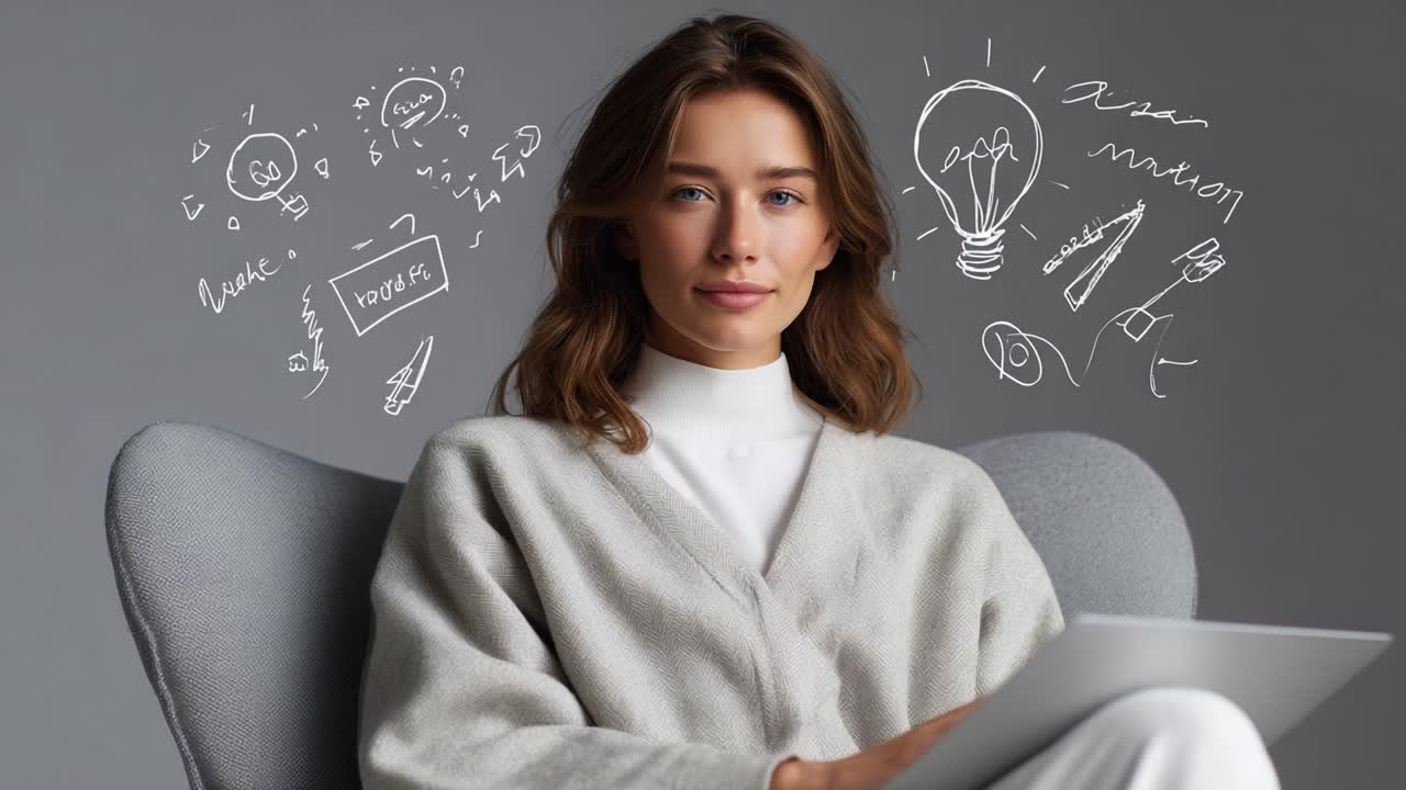 A Creative Contemplation: A Young Woman in a Cozy Sweater Engaged in Thoughtful Reflection, Surrounded by Inspirational Sketches and Ideas Represented Visually