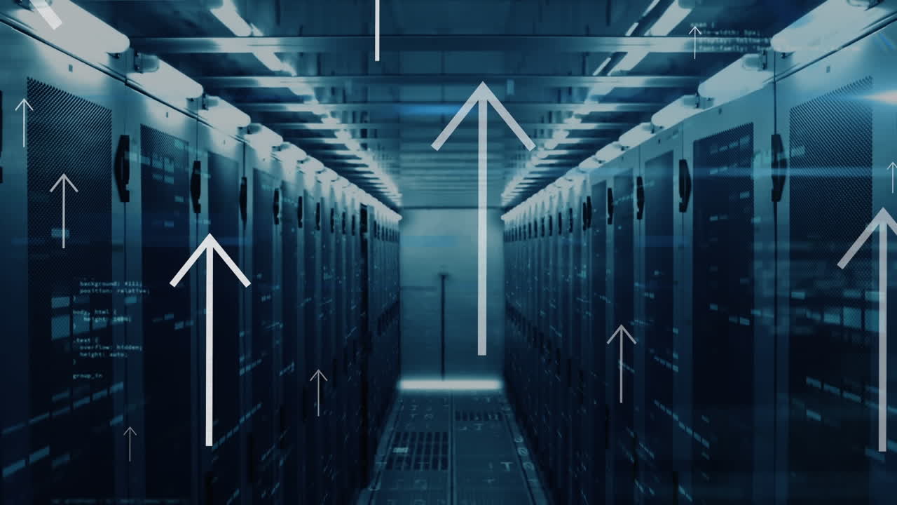 Animation of up arrows over computer language and bars against server room in background