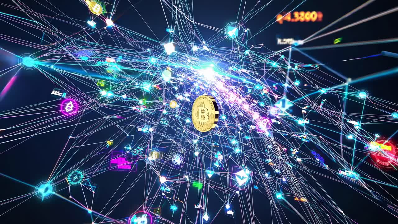 Dynamic video concept of cryptocurrency networks with a Bitcoin symbol at the center
