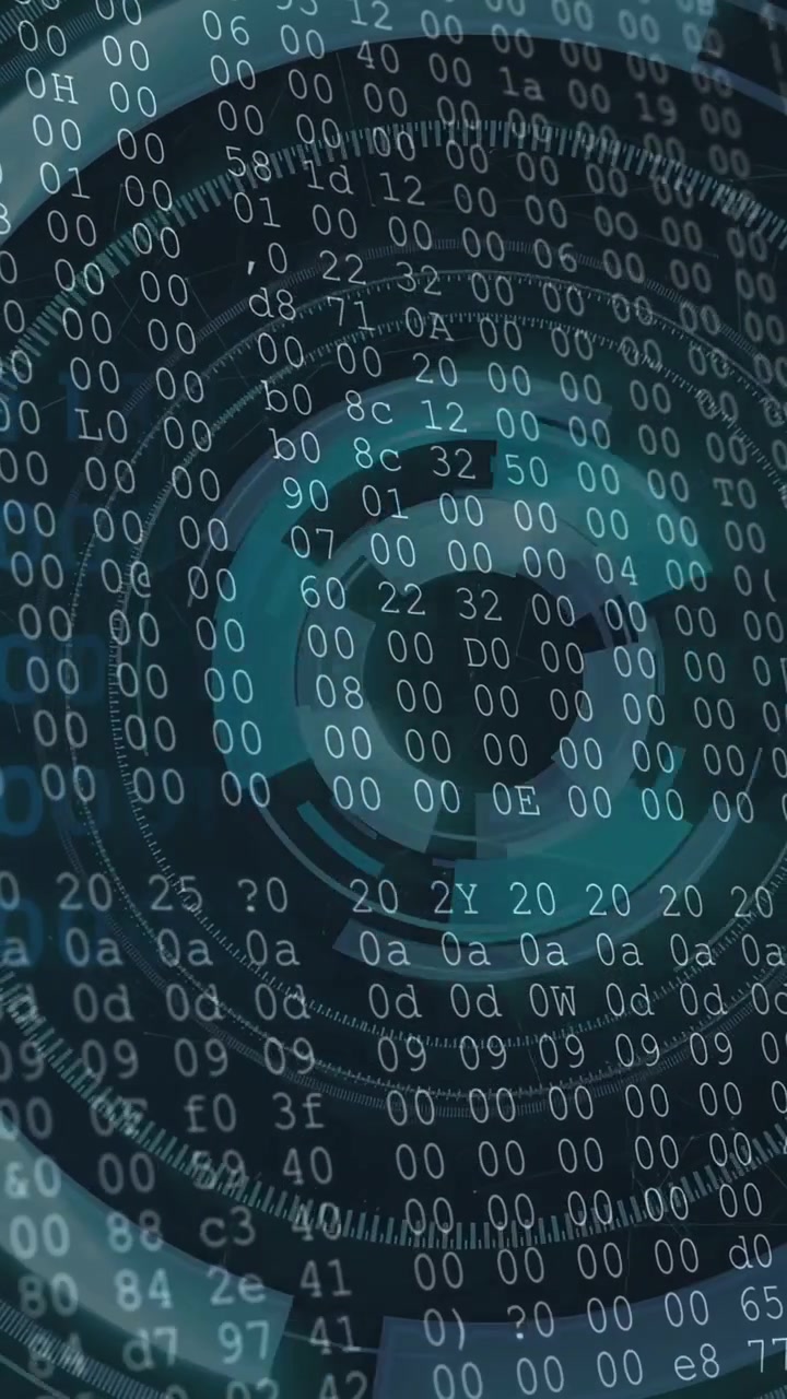 Vertical video: HUD appearing on teal B emblem growing, rings turning, hex flowing showing network