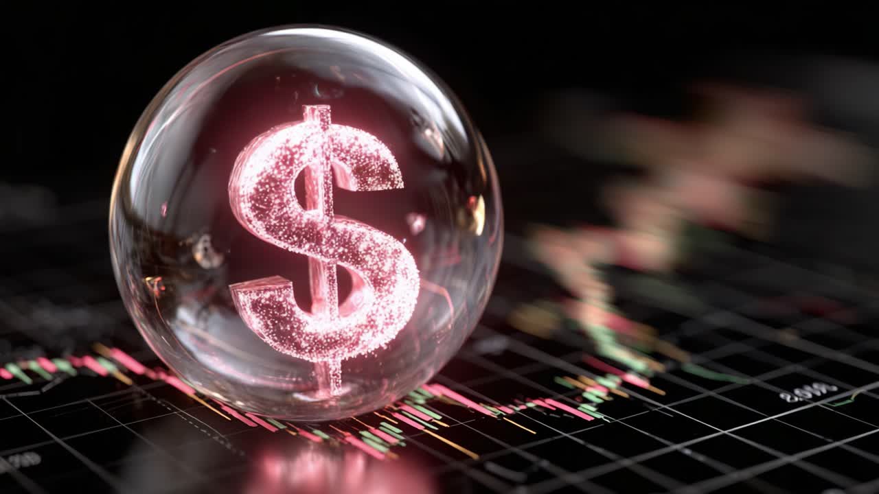 En funklende krystalkugle med et dollartegn, der symboliserer finansielle forudsigelser og markedstendenser mod en mørk baggrund med grafiske data.