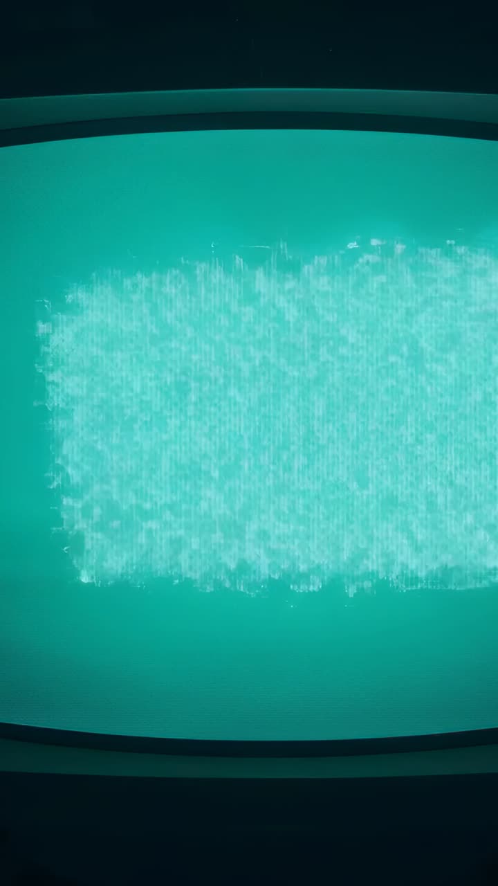 Vertical video: Opening dark screen, static square expanding into teal white noise filling display