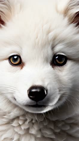 cute white fox pup sitting against a simple gray backdrop indoors