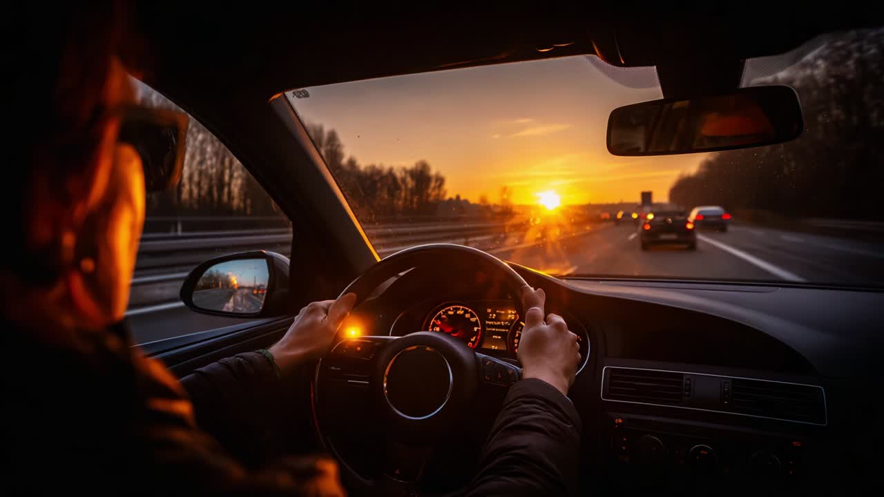 A Serene Drive at Sunset: Capturing the Tranquil Beauty of a Driver Enjoying Scenic Views on a Highway with a Breathtaking Sunset on the Horizon, Radiating Warmth and Vibrancy