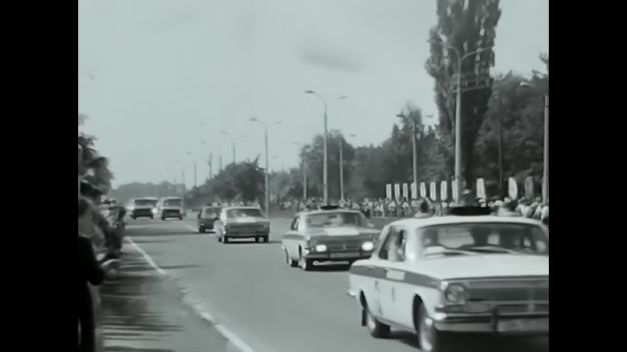 Street Scene with Parade and Crowds in Soviet Era