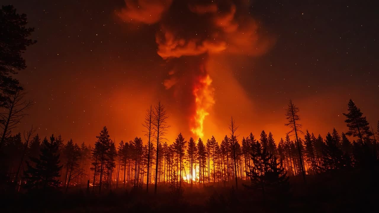 A Dramatic Display of Nature's Fury: A Forest Fire Erupts with Towering Flames and Fiery Smoke, Illuminating the Night Sky in a Breathtaking Scene of Destruction