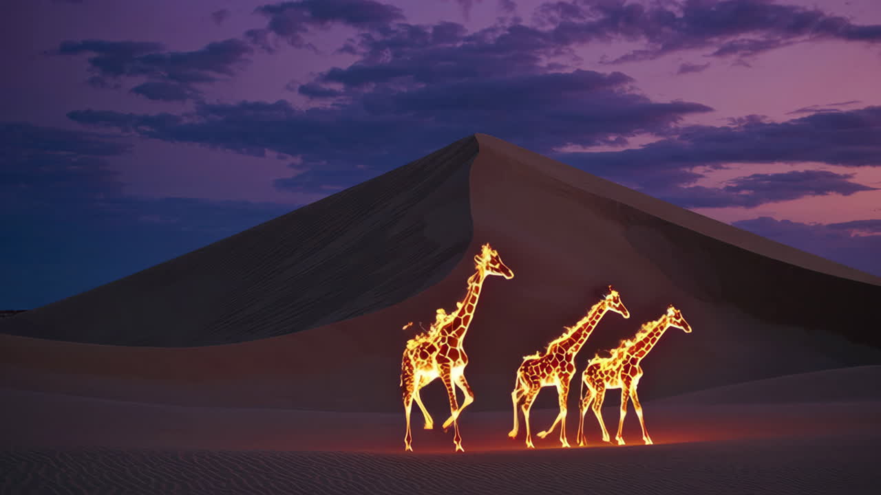 Glowing Giraffes in the Desert at Sunset