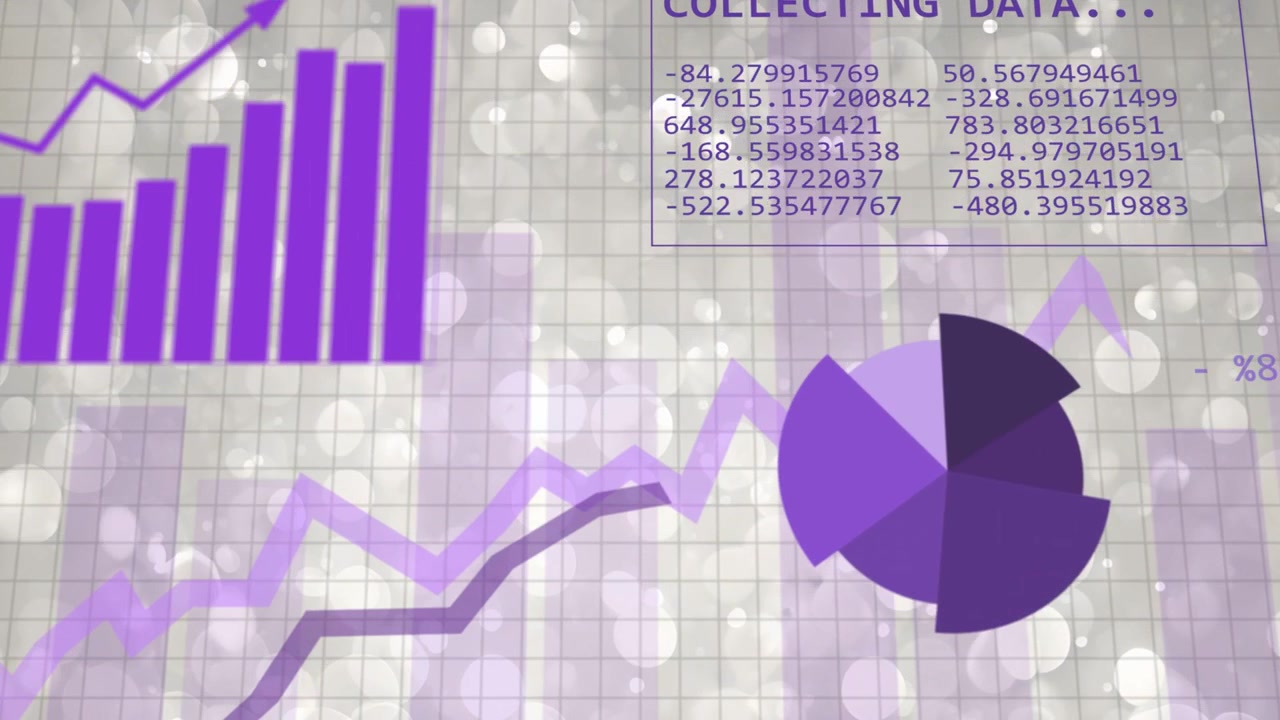 Data cluster responding to percentage updates, forming pie, tracing rising line for analysis