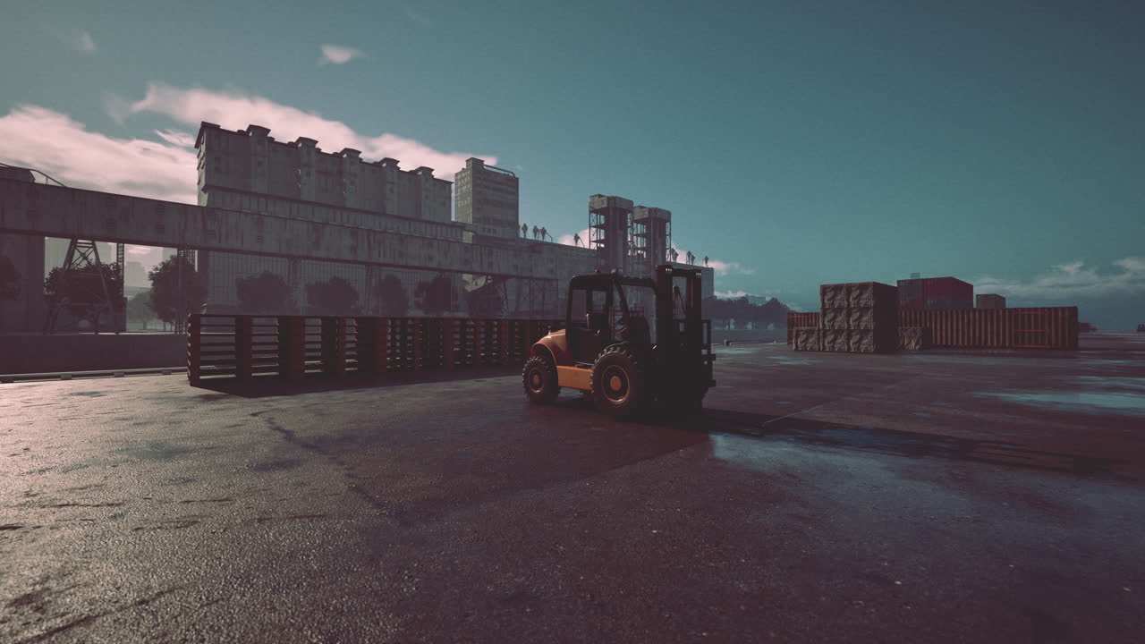 Forklift operating in industrial yard at dusk