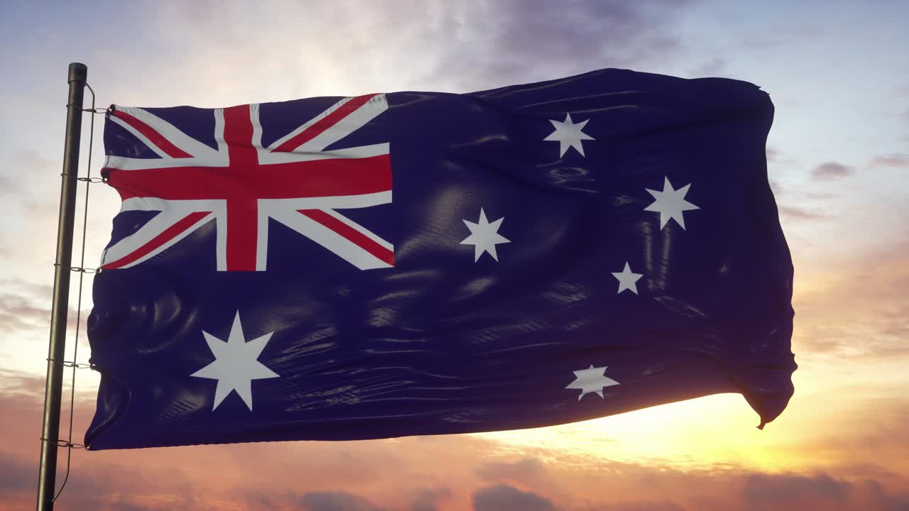 오스트레일리아의 발은 해가 지는 동안 깊은 아름다운 하늘에 대항하여 바람에 흔들리고 있습니다.