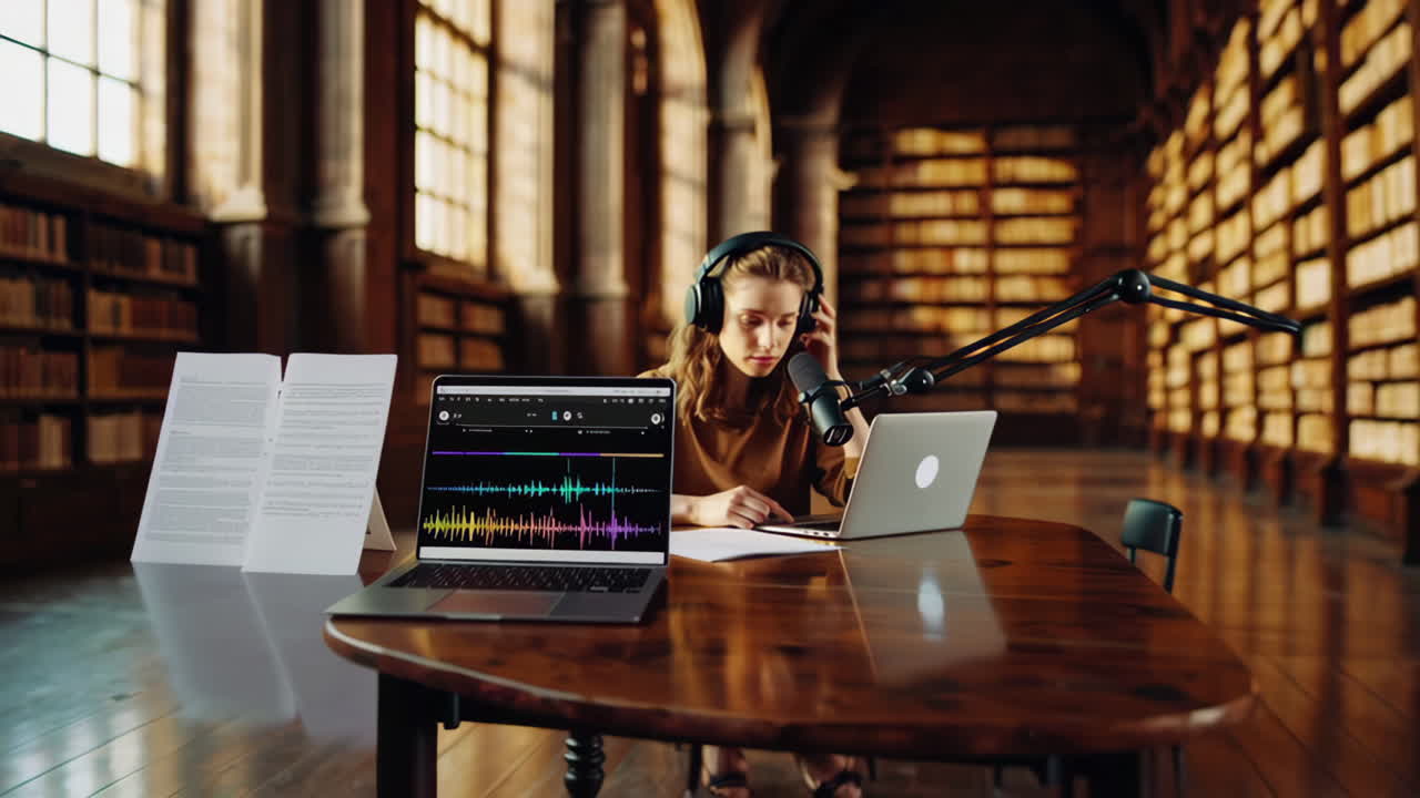 Woman recording a podcast in a library
