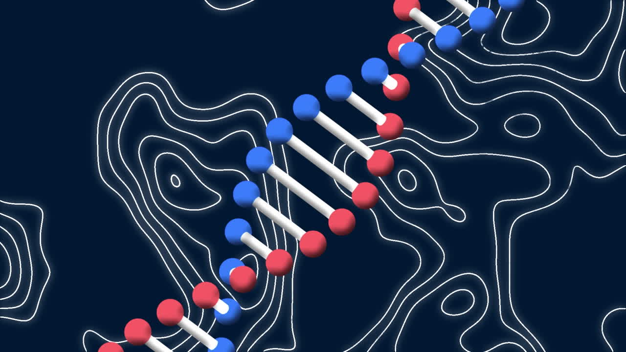 анимация вращающейся нити днк над движущимися белыми линиями