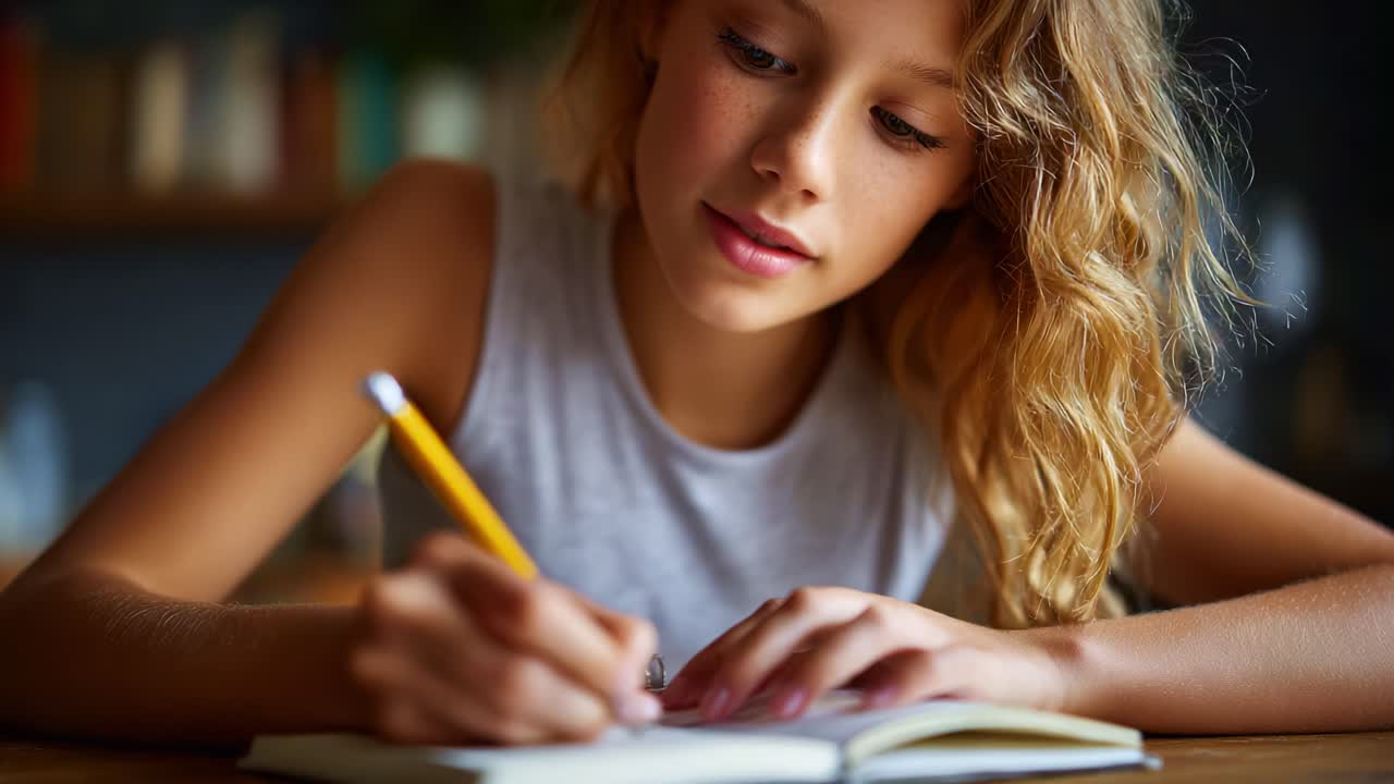 En ung jente engasjert i å skrive i notatboken sin, som viser kreativitet og fokus i et varmt, innbydende innemiljø med naturlig lys