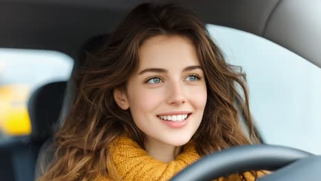 a woman driving a car with a yellow scarf