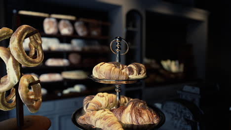 close-up of fresh bread and pastries displayed in a bakery