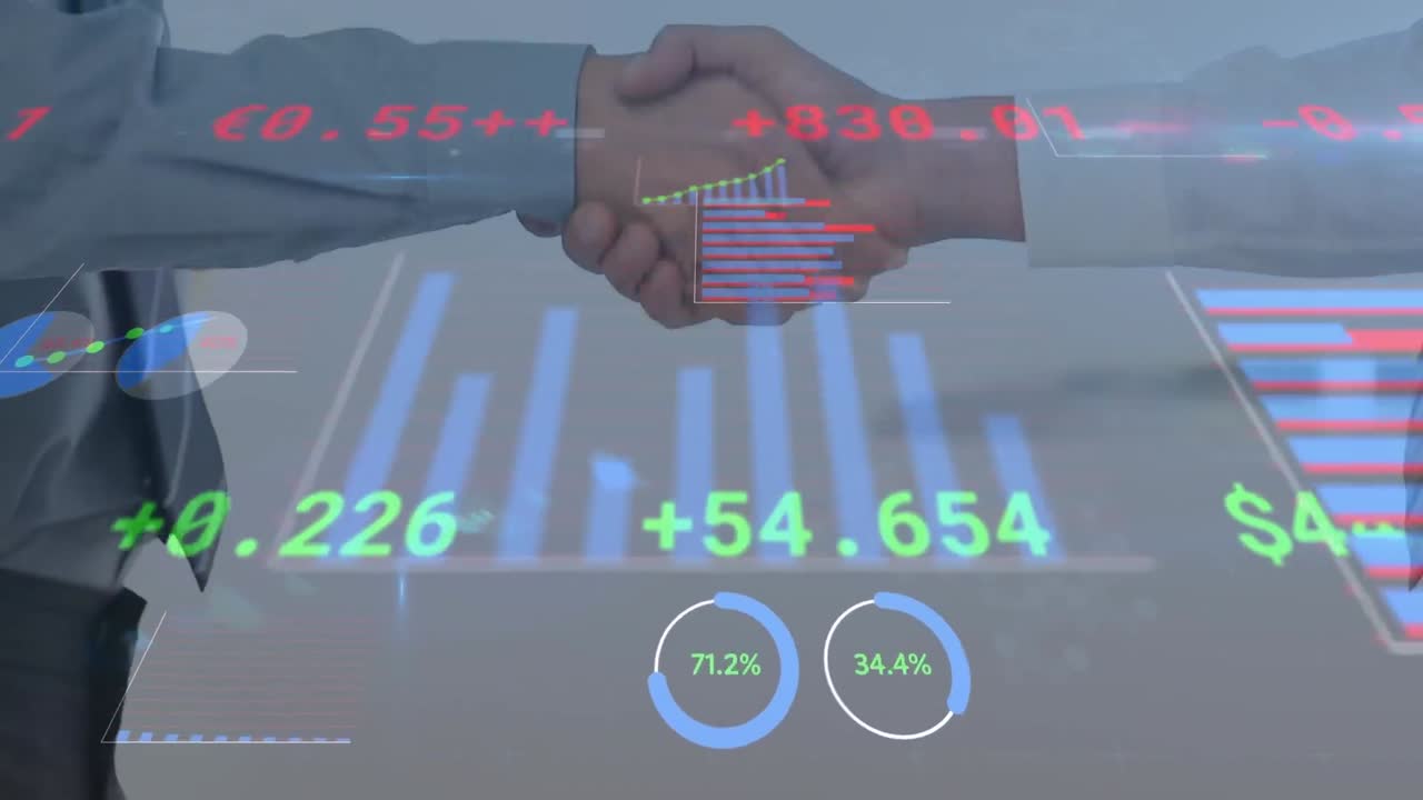 Animação de processamento de dados financeiros sobre pessoas de negócios apertando as mãos