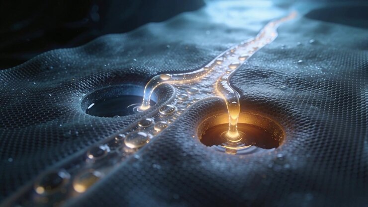 Gravity pulling glowing filament and beads along ridge into right hole at studio forming amber pool