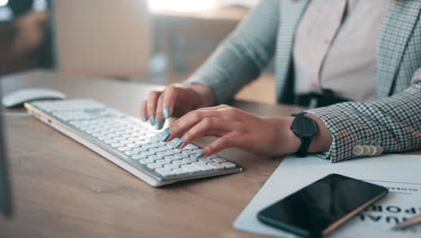 business woman, typing and thinking on computer