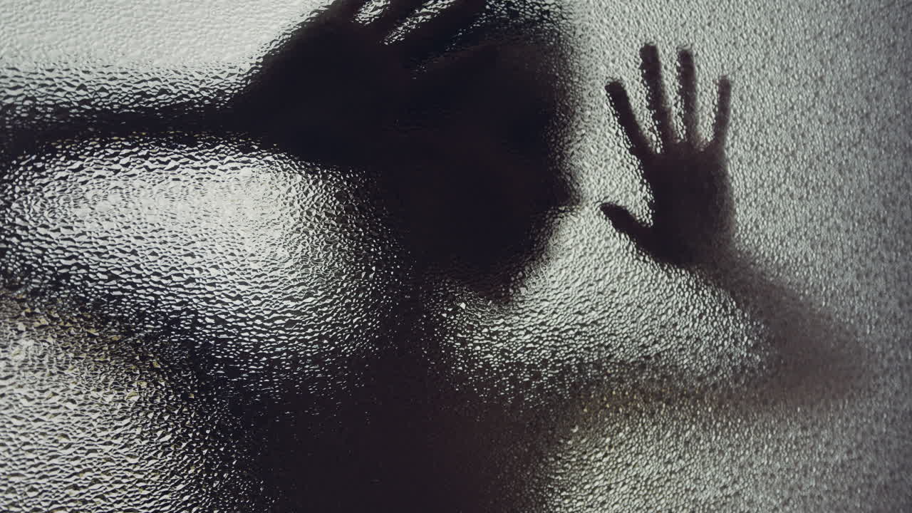 A female silhouette behind the frosted glass moves slowly