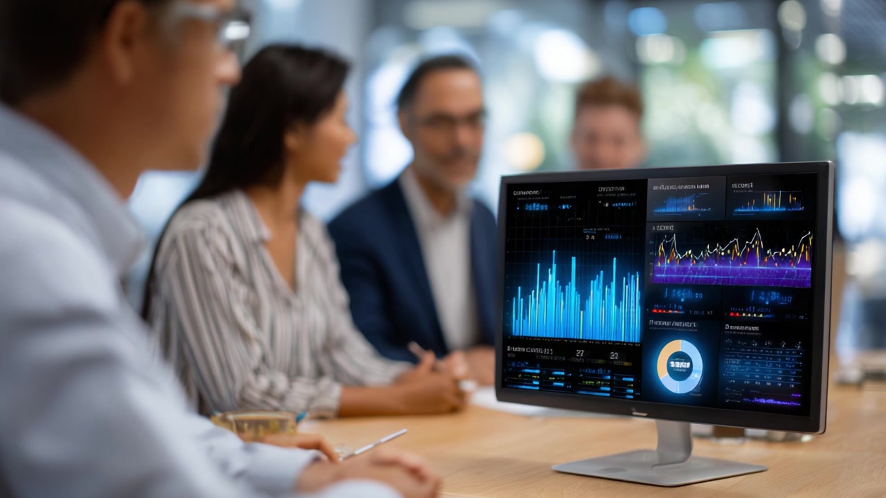 Forretningsmøte med fokus på avansert dataanalyse vist på skjermen, som fremhever finansielle trender og innsikt i et moderne arbeidsmiljø