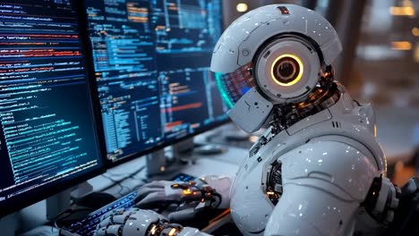 un robot sentado en un escritorio frente a dos monitores de computadora