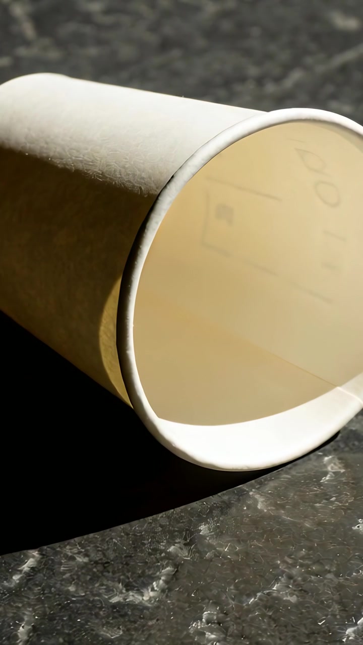 Video verticale: Luce mutevole che mostra un bicchiere di carta appoggiato su un bancone scuro, rivelando pieghe e un'ombra.