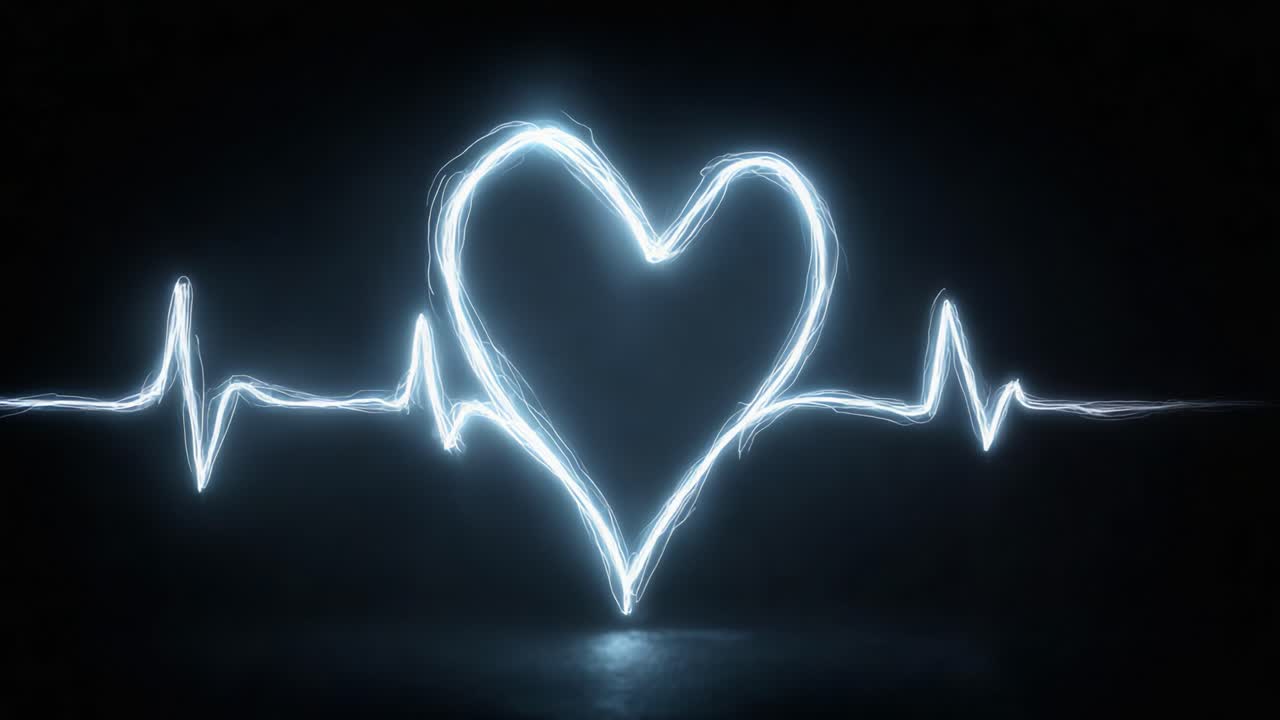 Un cuore luminoso si intreccia con un design a battito cardiaco elettrico, simboleggiando amore, passione e l'essenza della vita che pulsa attraverso onde di energia vibrante