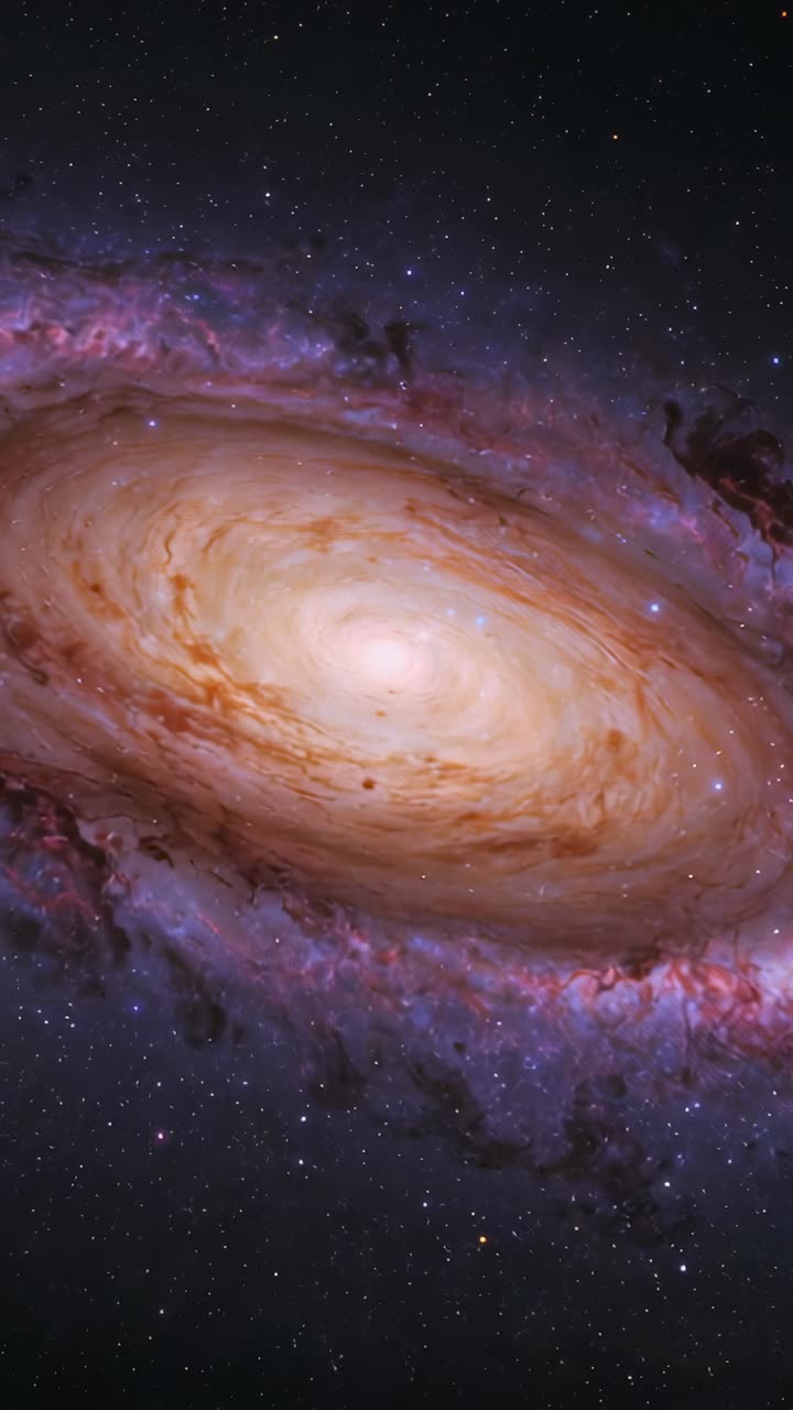 Vertical video: Starting rotation moving spiral galaxy in space, revealing dust lanes and nebula