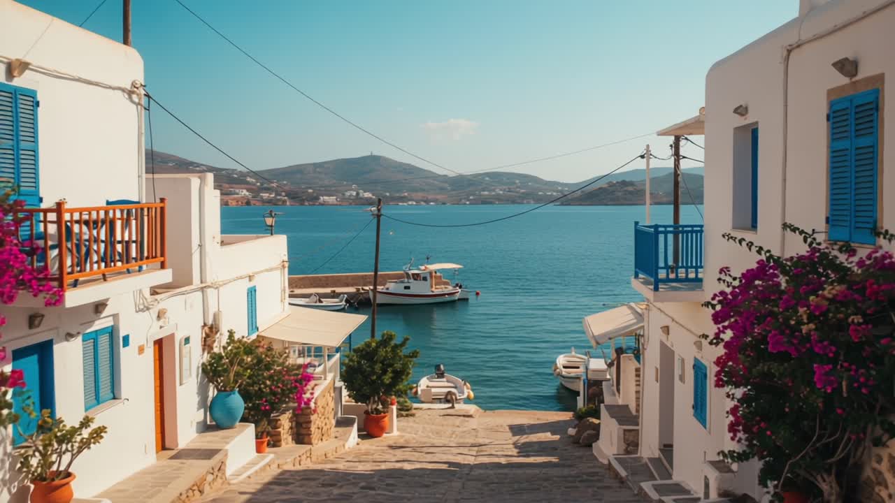 Serene Coastal View at Sunrise: A Picturesque Harbor with Colorful Houses, Blooming Bougainvillea, and Calm Waters, Perfectly Capturing the Essence of Mediterranean Charm