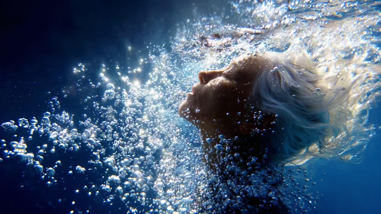 Captivating Underwater Serenity: A Tranquil Moment of a Woman Swimming Beneath the Surface, Surrounded by Bubbles and Light, Evoking a Sense of Peace and Freedom in the Depths of the Ocean