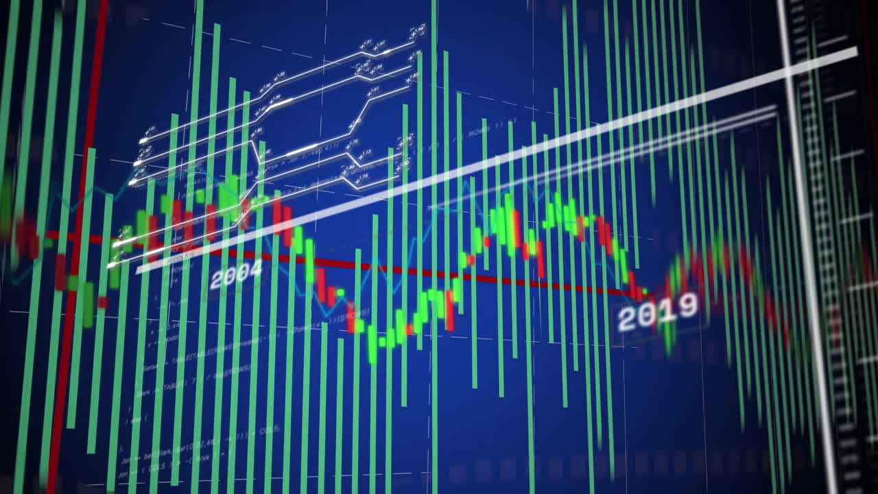 금융 데이터 및 주식 시장 트렌드 파란색 배경의 애니메이션