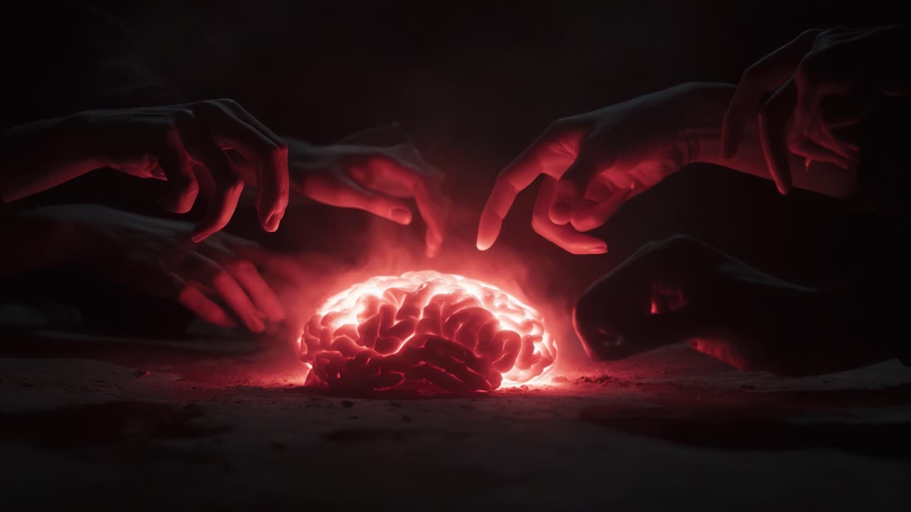 A Mysterious Gathering Around a Glowing Brain: Hands Reach Out, Creating Energy and Intrigue in a Darkened Atmosphere