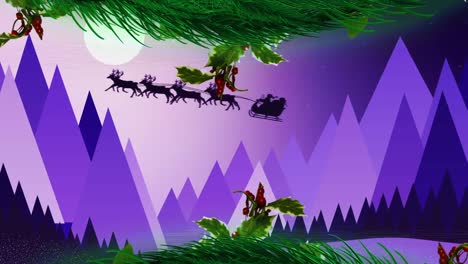 Christmas-wreath-decorations-over-santa-claus-in-sleigh-being-pulled-by-reindeers-against-night-sky