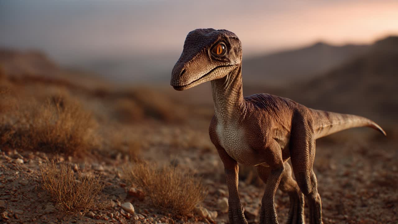 Un incontro accattivante con un dinosauro realistico in un paesaggio naturale mozzafiato durante un bellissimo tramonto, evidenziando la magnificenza e la ferocia della natura.