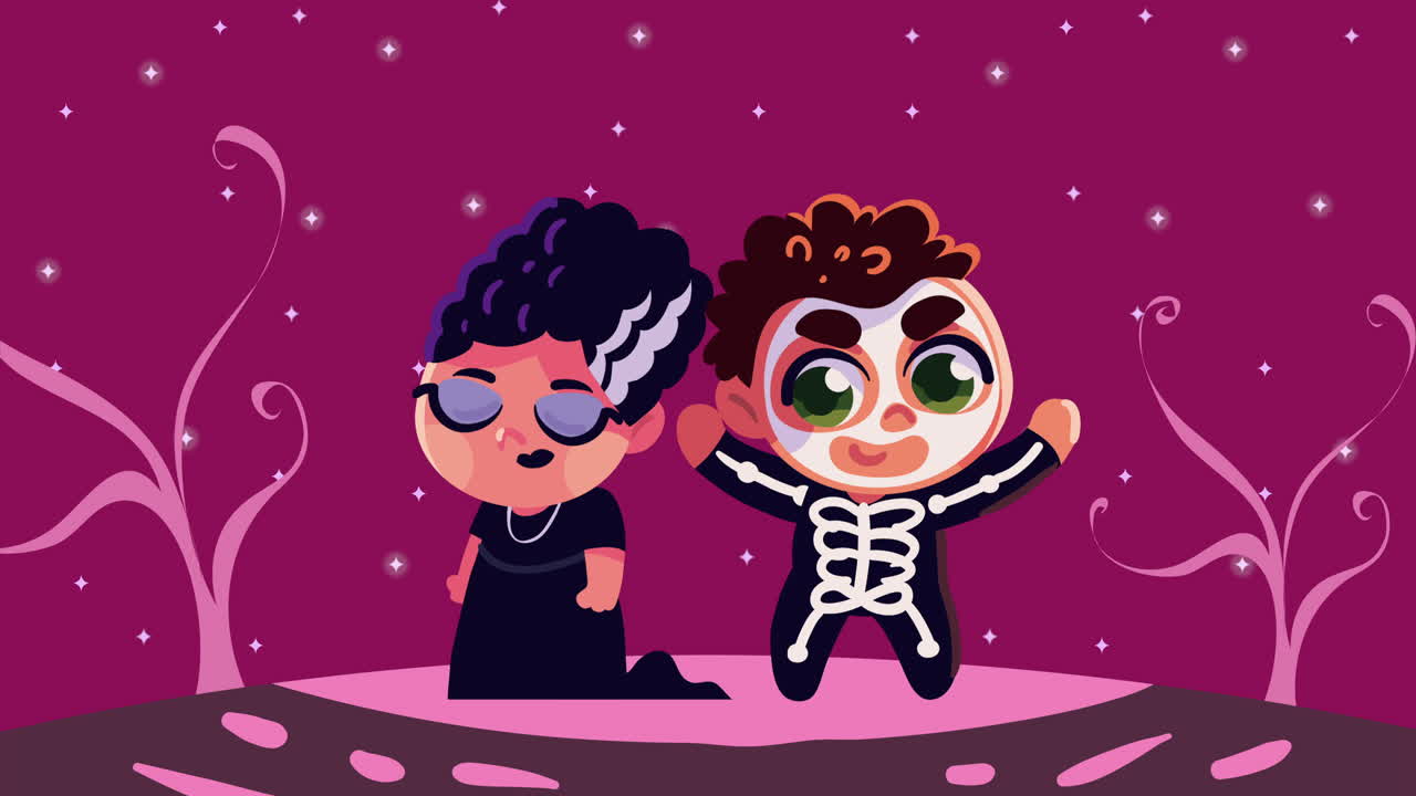 아이들과 함께 할로윈 애니메이션 커플 위장