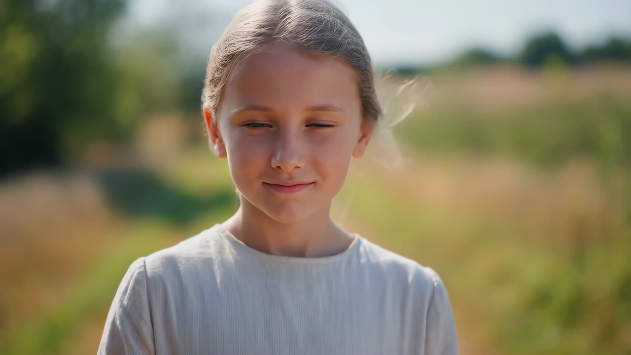 A young girl with blonde hair smiling in a sunlit field