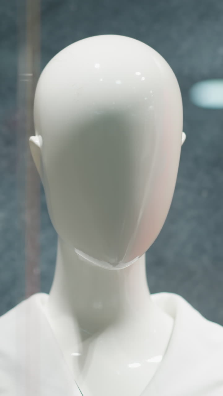 상점 앞에 전시된 검은색과 색 의상을 입은 얼굴 없는 인형의 클로즈업, 빨간색과 초록색 색조를 특징으로 하는 다채로운 텍스처 배경