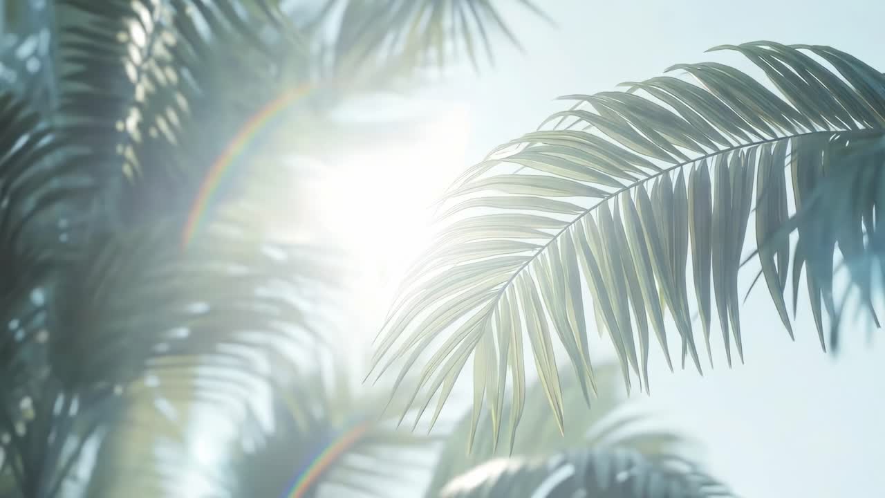 Sunlight filters through palm leaves, captured from a low angle
